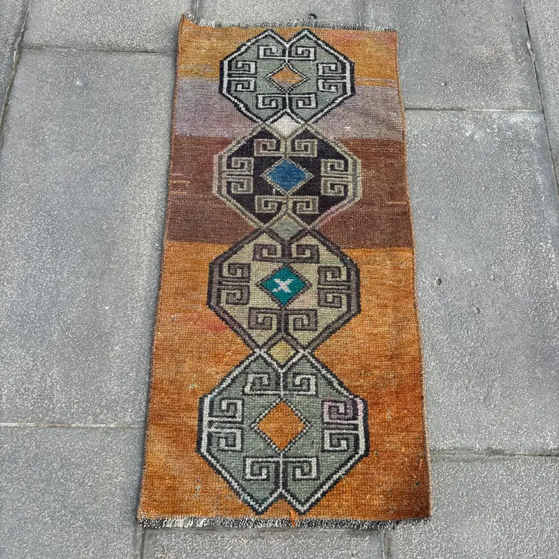 1.2x2.7 ft Turkish Rug, Vintage Small Rug, Brown Blue Southwestern Rug - 1