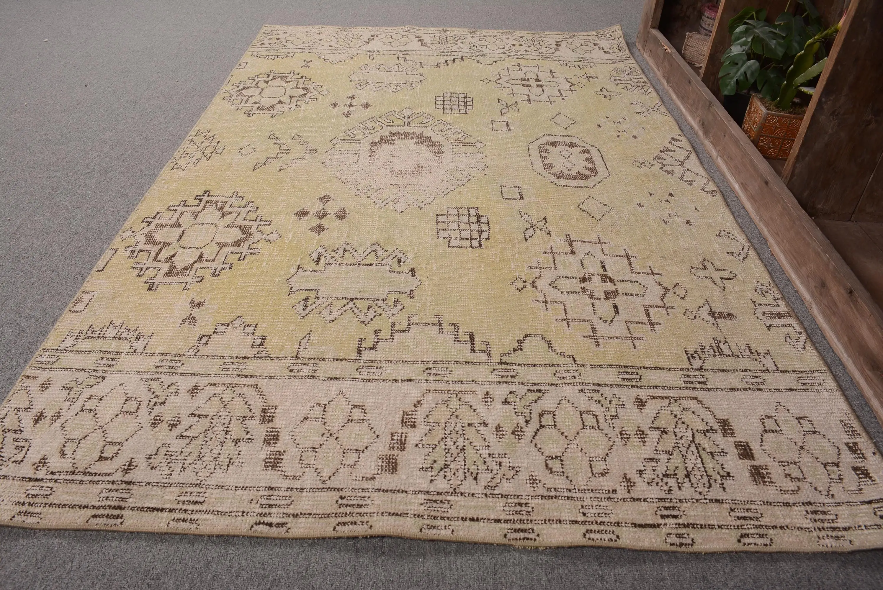Vintage Rug 3.9x6.3 ft, Yellow Brown Striped Wool Turkish Rug - 1