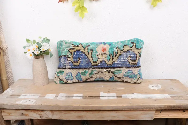Kilim Pillow Cover, Pillow Sham, Turkish Pillow, Gift Pillow, Outdoor Pillow Case, Handmade Rug Seat Cushion Cover, 8x16 Green Cushion - 1
