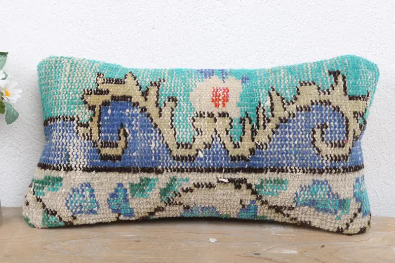 Kilim Pillow Cover, Pillow Sham, Turkish Pillow, Gift Pillow, Outdoor Pillow Case, Handmade Rug Seat Cushion Cover, 8x16 Green Cushion - 2