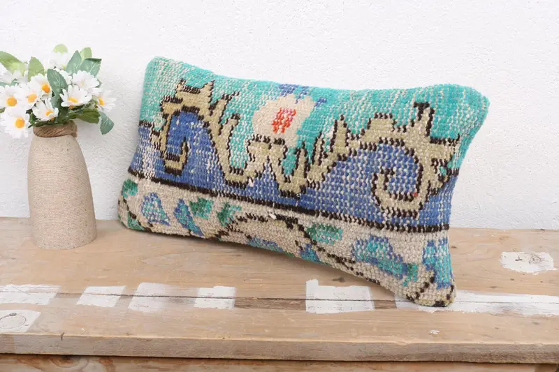 Kilim Pillow Cover, Pillow Sham, Turkish Pillow, Gift Pillow, Outdoor Pillow Case, Handmade Rug Seat Cushion Cover, 8x16 Green Cushion - 4