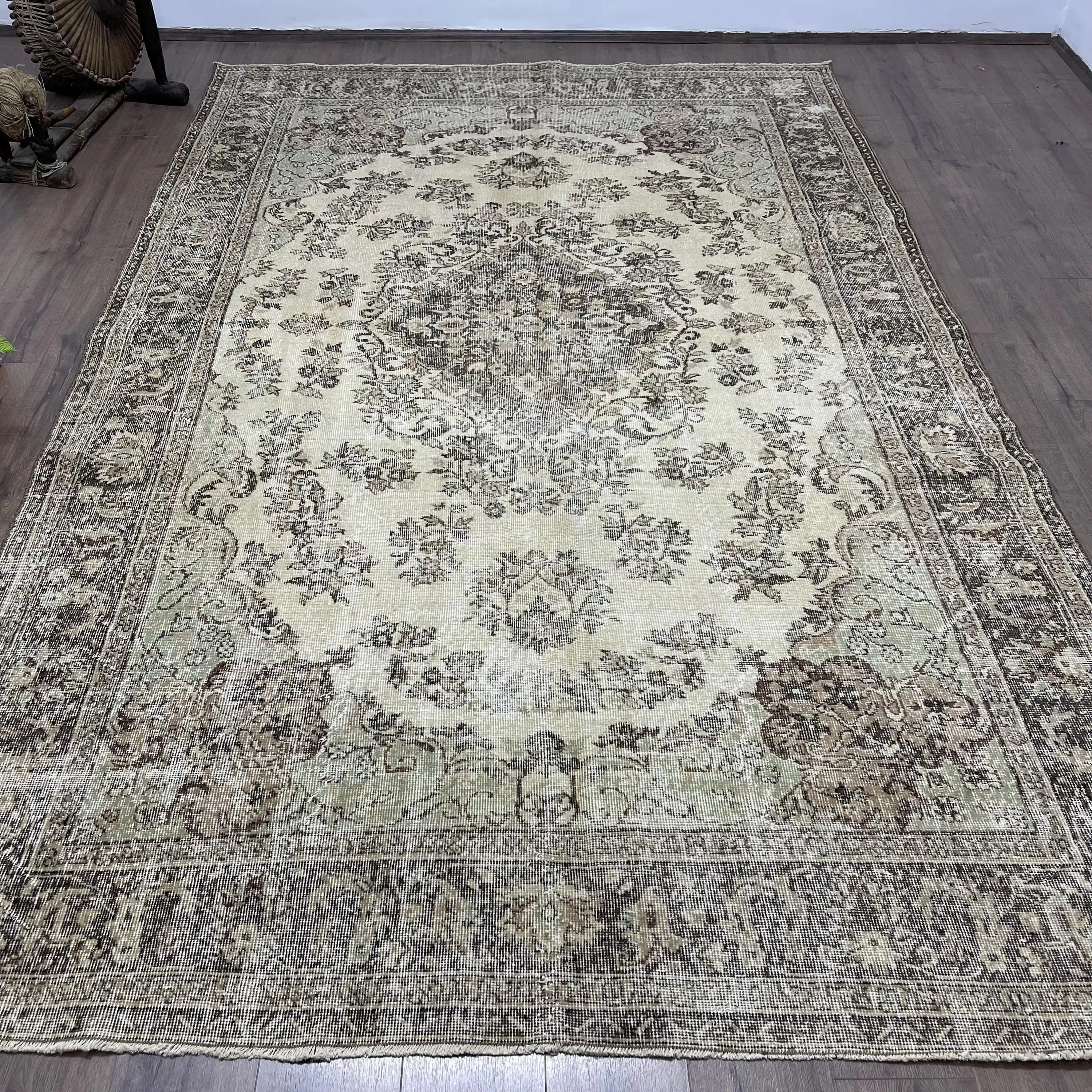 Vintage 7x10.9 ft Rug, Oversize Turkish Rug, Gray Brown Floral Wool Rug - 1