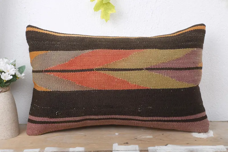 Cushion, Throw Kilim Pillow, Pillow for Sofa, Designer Throw Pillow Case, 12x20 Brown Pillow Case, Vintage Pillow, Bright Pillow Cover - 2