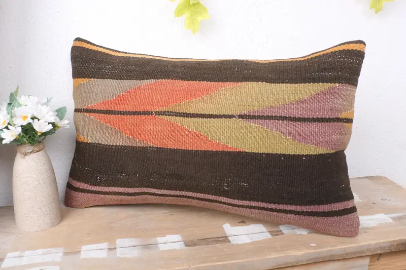 Cushion, Throw Kilim Pillow, Pillow for Sofa, Designer Throw Pillow Case, 12x20 Brown Pillow Case, Vintage Pillow, Bright Pillow Cover - 4