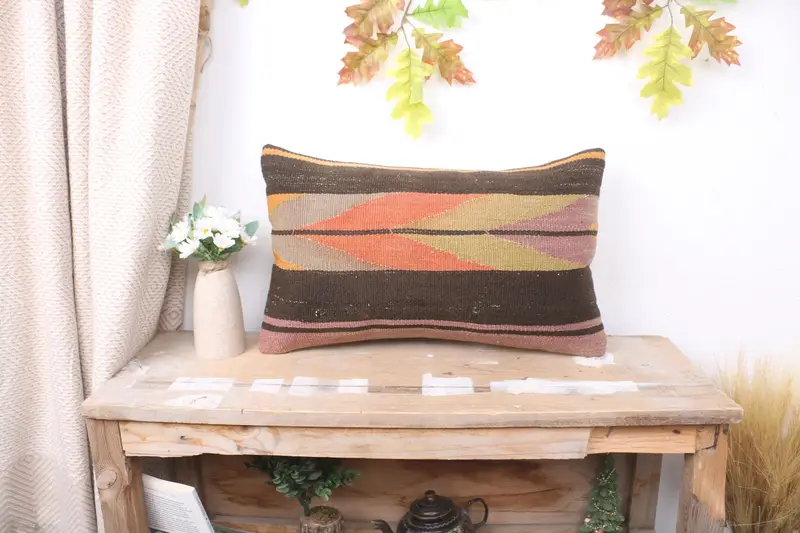 Cushion, Throw Kilim Pillow, Pillow for Sofa, Designer Throw Pillow Case, 12x20 Brown Pillow Case, Vintage Pillow, Bright Pillow Cover - 1