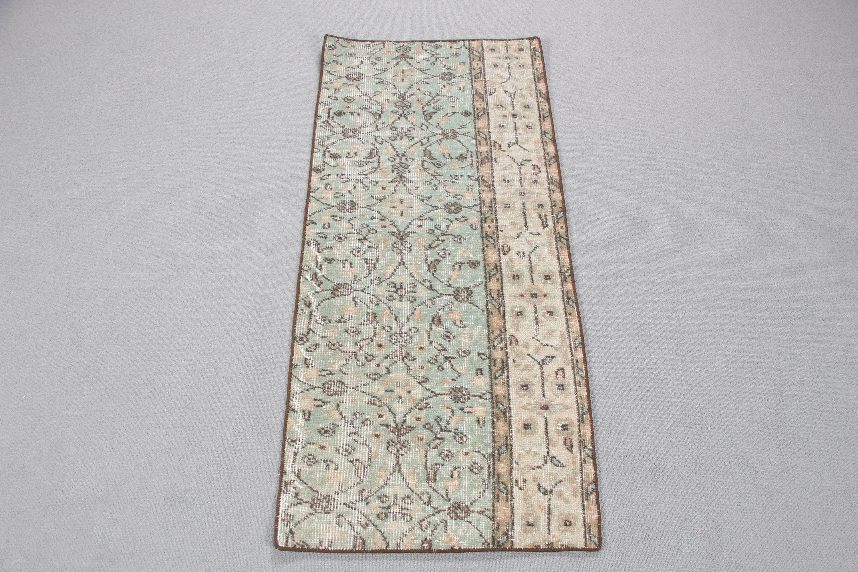 Vintage Turkish Rug 1.8x3.9 ft (54x120 cm), Green Brown Ikat Rug - 1