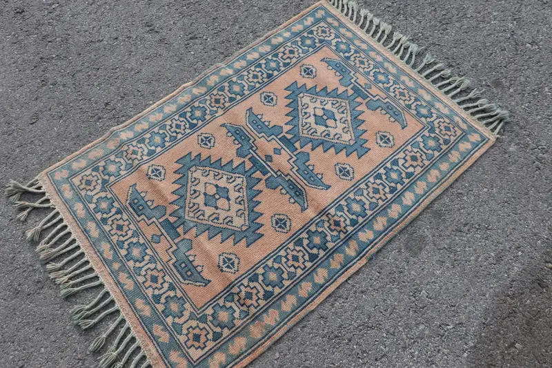 2.7x3.9 ft Halı, Türk Vintage Halısı, Mavi Oushak Yün Halı - 1