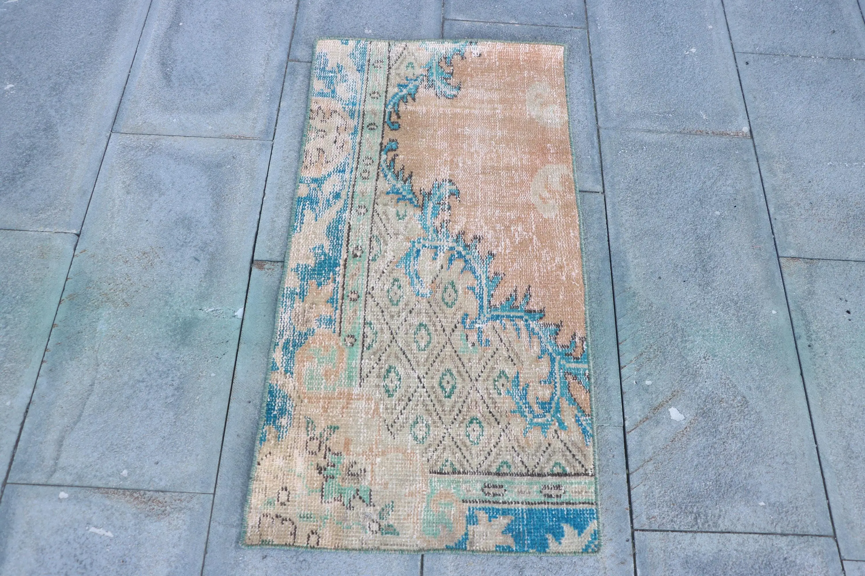 1.6x3.2 ft Turkish Rug, Vintage Small Rug, Blue Brown Plants & trees Rug - 1