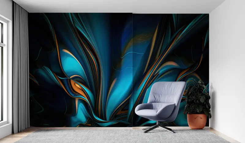 プリント壁紙: ブルーとオレンジの融合でエレガントな雰囲気を演出