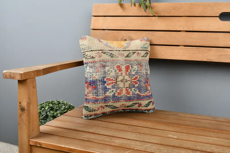 Ethnical Kilim Rug Pillow, Vintage Kilim Throw Pillow, Accent Throw Pillow Cover, 12x12 Blue Cushion, Pillow, Throw Kilim Pillow - 1