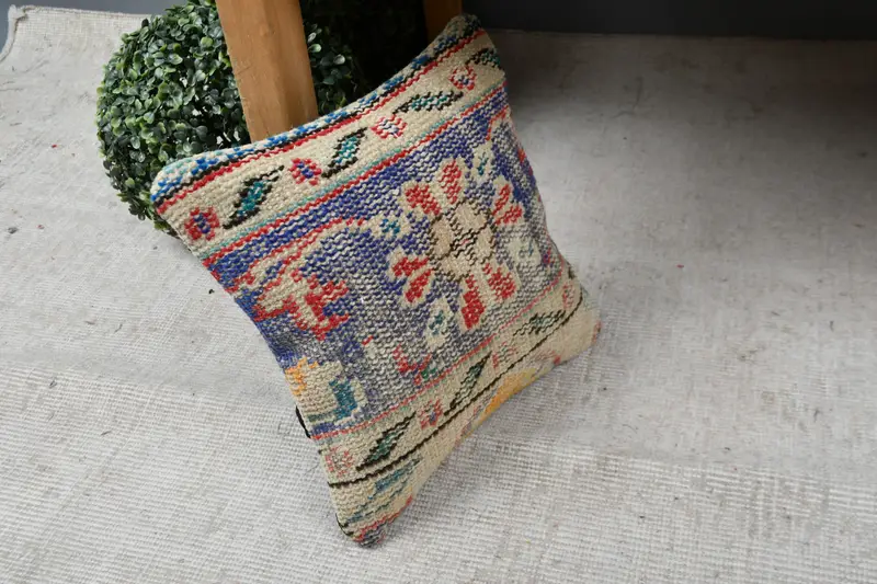 Ethnical Kilim Rug Pillow, Vintage Kilim Throw Pillow, Accent Throw Pillow Cover, 12x12 Blue Cushion, Pillow, Throw Kilim Pillow - 7