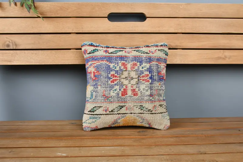 Ethnical Kilim Rug Pillow, Vintage Kilim Throw Pillow, Accent Throw Pillow Cover, 12x12 Blue Cushion, Pillow, Throw Kilim Pillow - 6