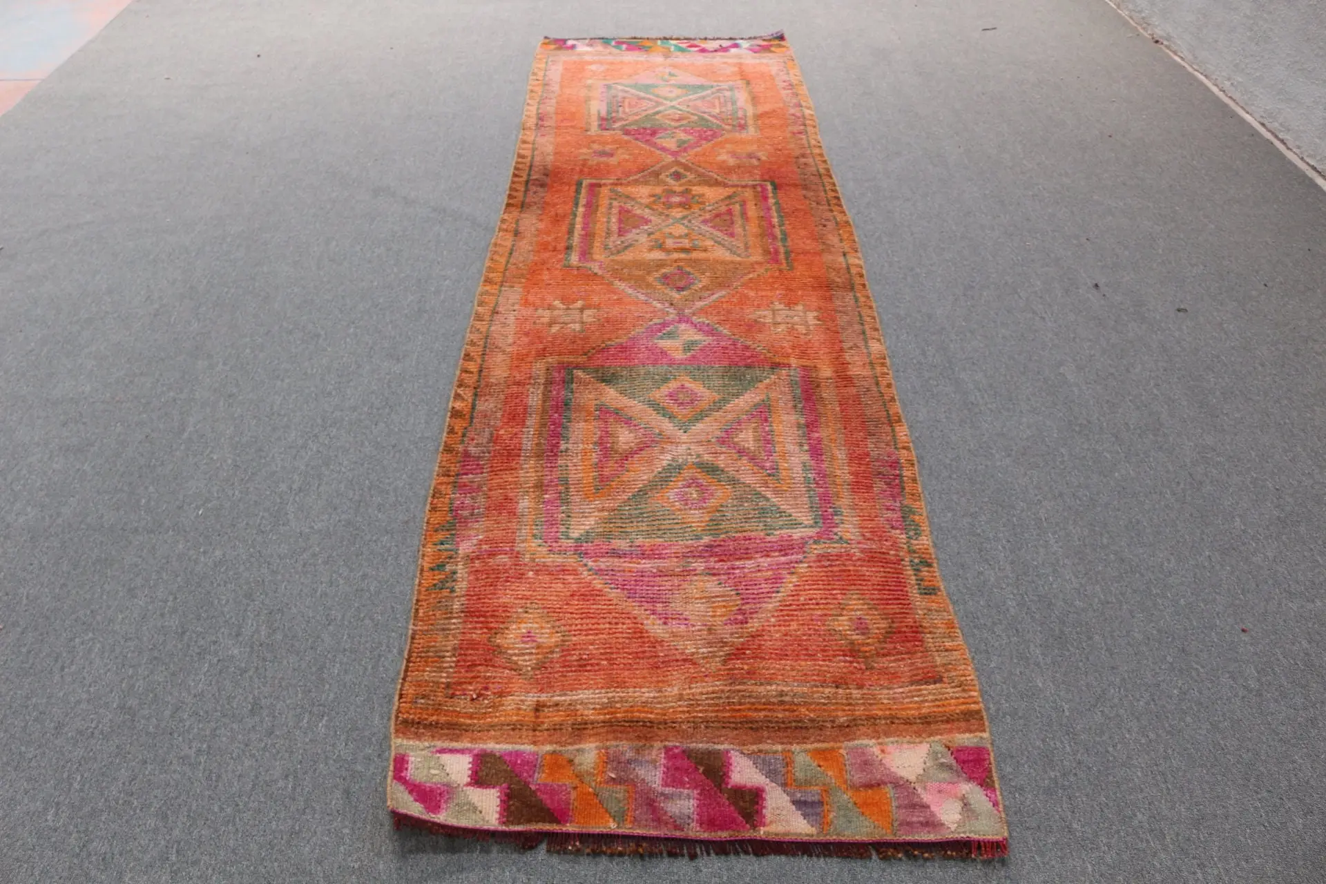 Vintage Turkish Herki Runner Rug 2.9x10.3 ft, Orange Abstract Rug Wool - 1