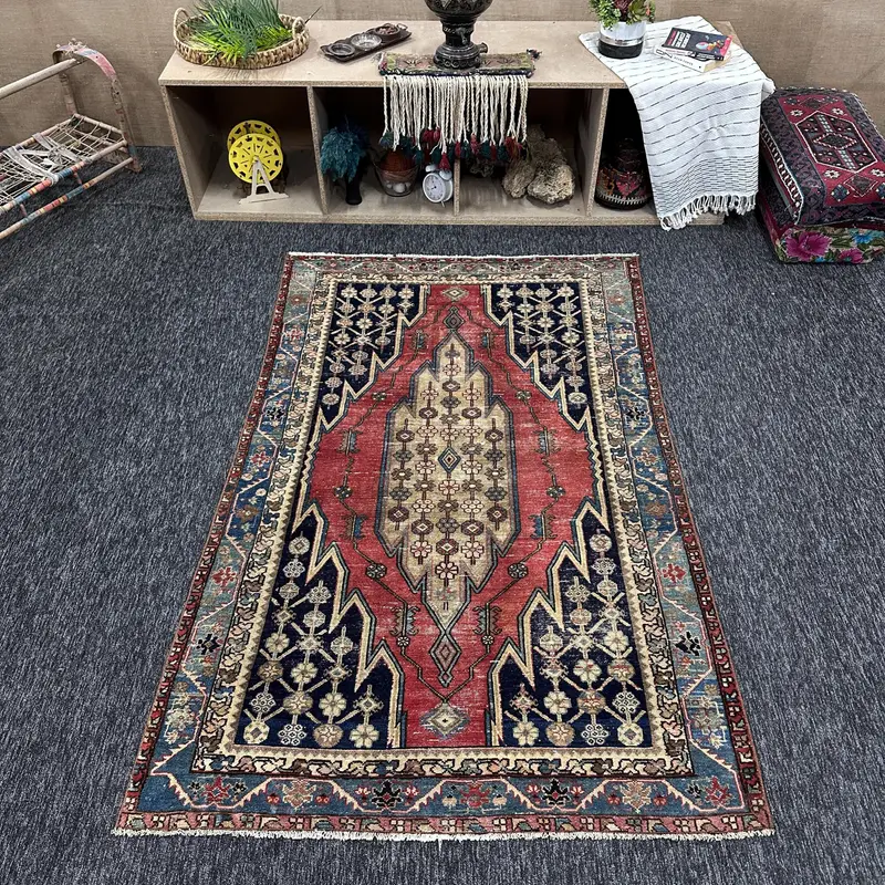 4.2x6.4 ft Vintage Area Rug, Red Blue Turkish Striped Wool Rug - 1