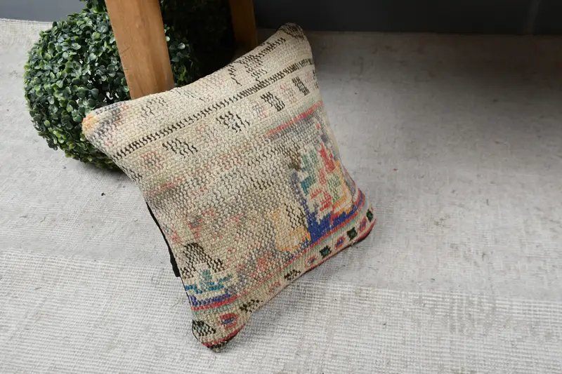 Throw Kilim Pillow, Cushion, Bolster Throw Pillow Sham, Boho Pillow, Pet Cushion, 12x12 Beige Pillow Case, Handwoven Pillow, Kilim Pillow - 7