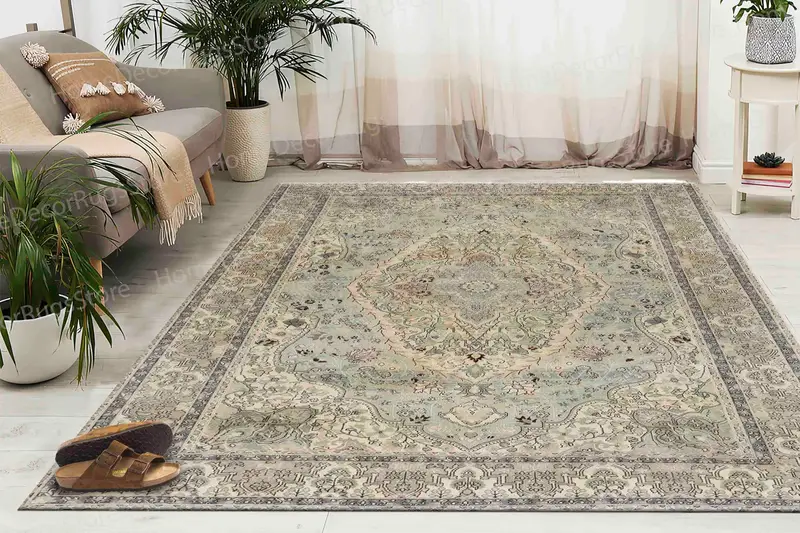 Eleganter bedruckter Teppich: wassergrünes Blumenmedaillon-Design