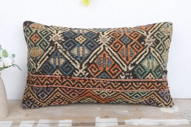 Bolster Throw Cushion, 12x20 Orange Cushion Cover, Ethnical Kilim Rug Pillow, Cushion, Vintage Kilim Pillow, Interior Designer Pillow - 2
