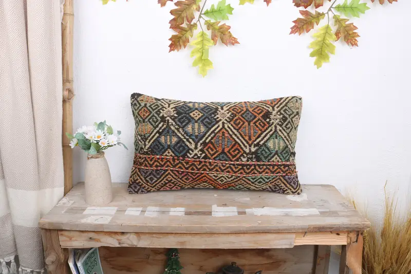 Bolster Throw Cushion, 12x20 Orange Cushion Cover, Ethnical Kilim Rug Pillow, Cushion, Vintage Kilim Pillow, Interior Designer Pillow - 1