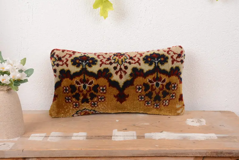 Beige & Orange Floral Embroidered Pillow, Versatile 8x16 Throw Pillow