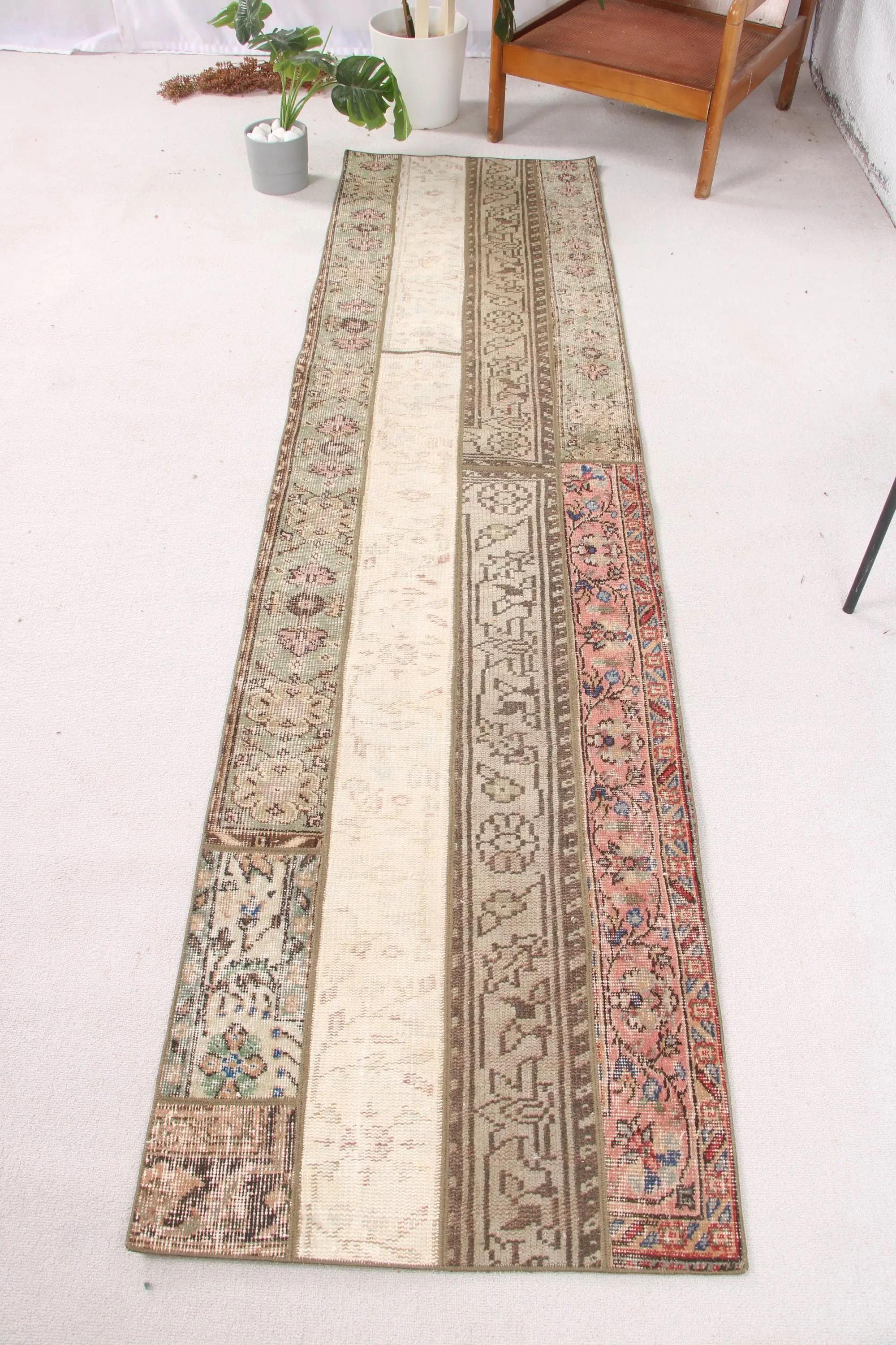 Turkish Rug, Runner 2.3x9.1 ft Vintage Rug, Brown Animal Print Wool Rug - 1
