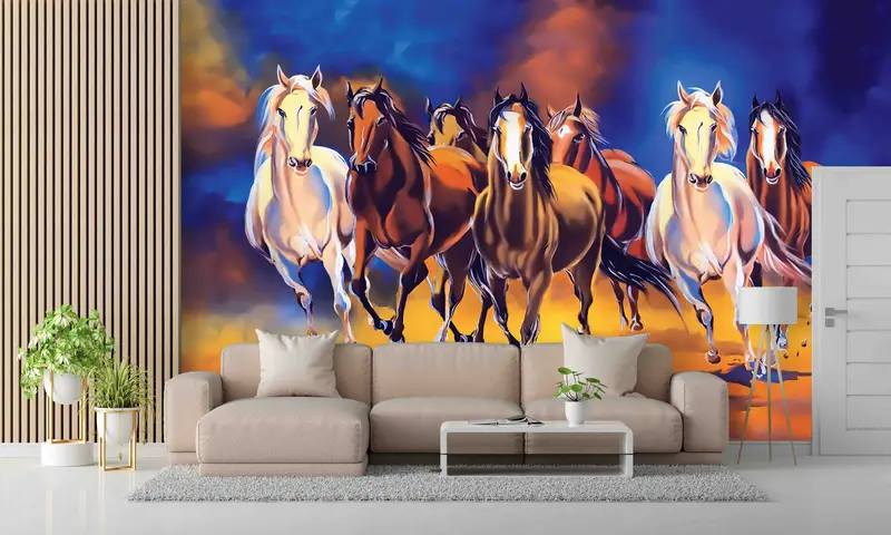 Elegante Pferdetapete: Abstraktes galoppierendes Design in Weiß und Braun