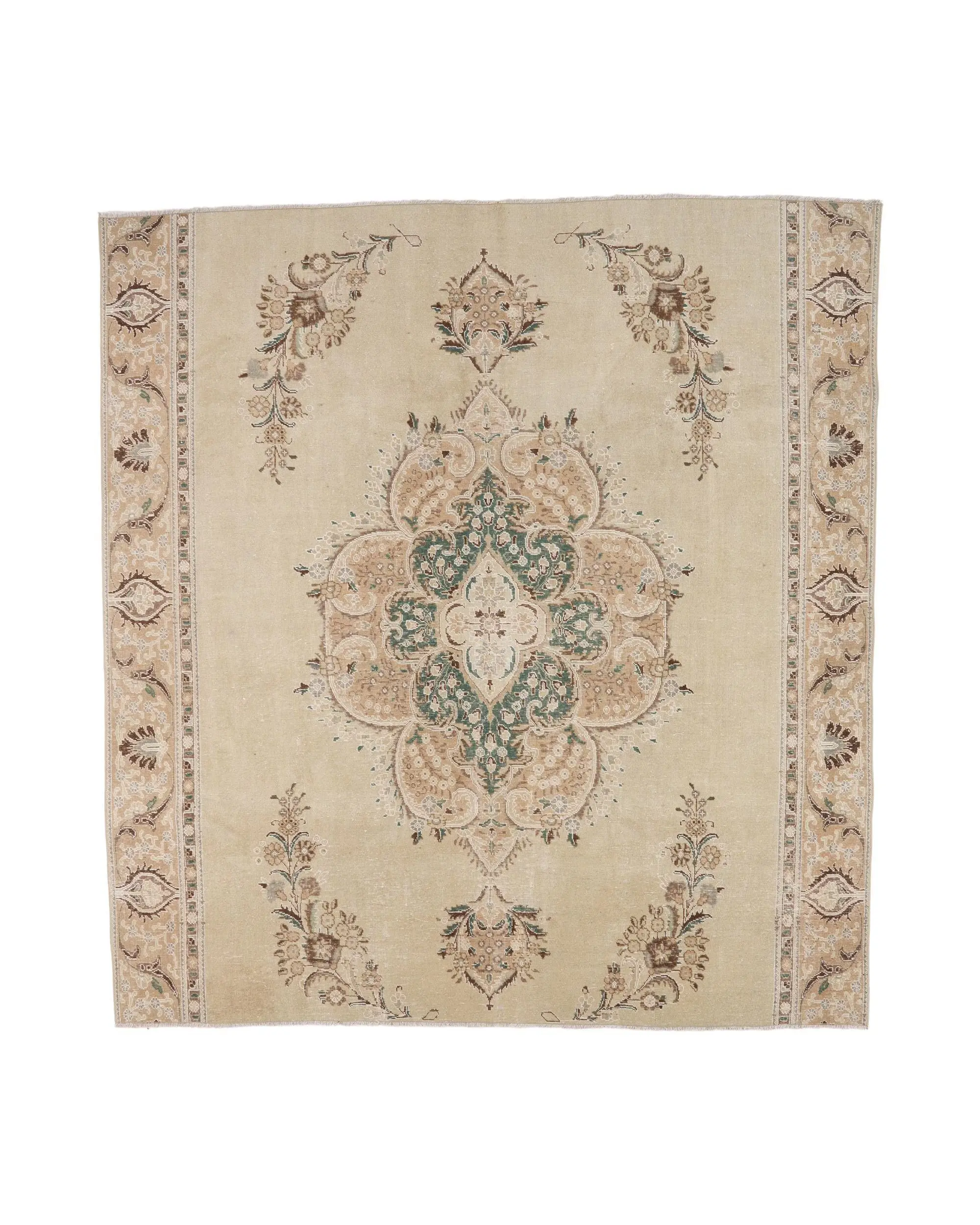 8.9x9.7 ft Turkish Rug, Vintage Oversize Rug, Beige Green Striped Wool Rug - 1
