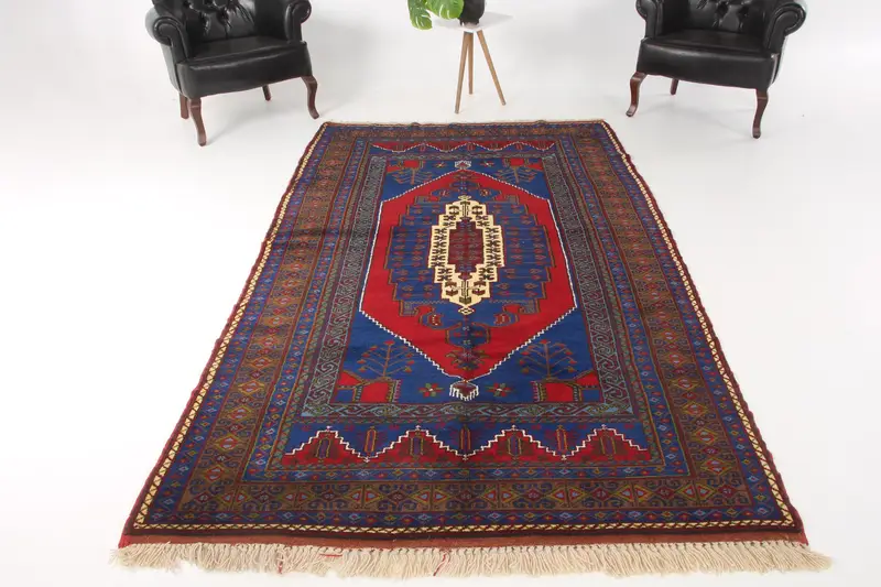 Turkish 5.1x9.2 ft Rug, Oushak Vintage Rug, Blue Wool Rug - 1