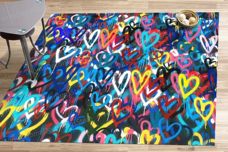 エレガントなプリントラグ: カラフルなハートのバンクシー愛デザイン