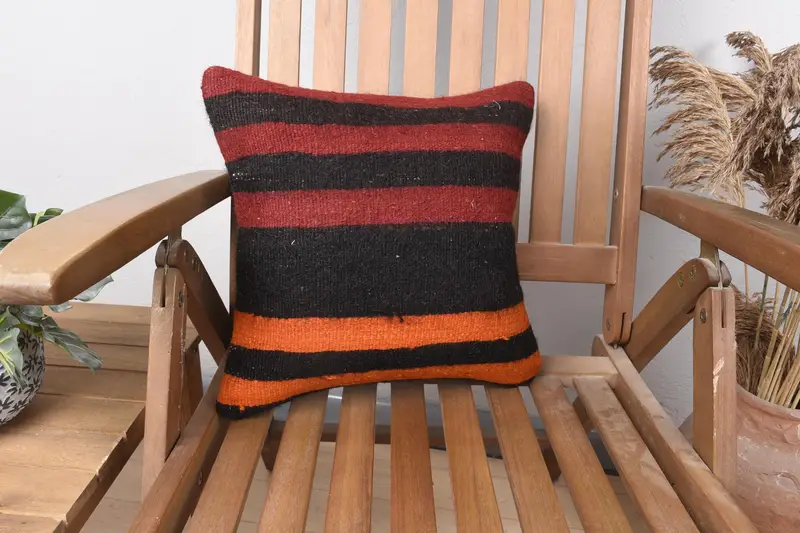 Antique Pillows, Kilim Cushion Sham, 14x14 Orange Pillow Sham, Outdoor Bolster Pillow Cover, Cushion Cover, Boho Chic Pillow Sham, Home Decor Pillow - 1