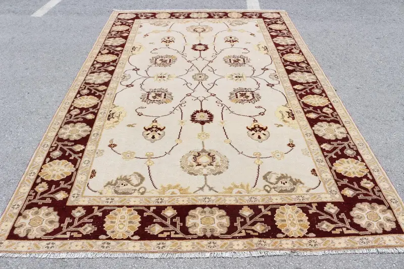 6.7x10 ft Halı, Vintage Türk Halısı, Bej Kahverengi Hayvan Baskı Yün Halı - 1