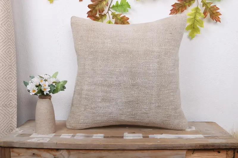 18x18 Beige Pillow Sham, Pillow Cover, Kilim Pillow Cover, Turkish Kilim Pillow, Cotton Pillow Sham, Vintage Kilim Throw Pillow - 1