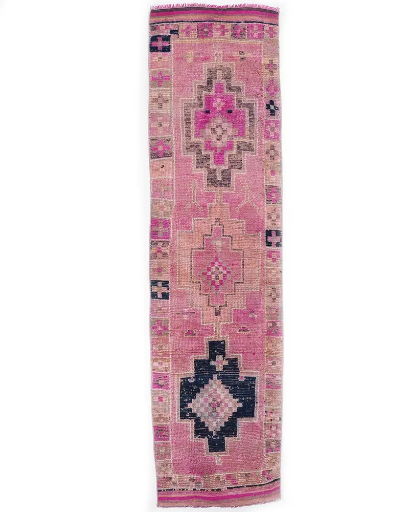 Zarif Pembe Halı, 2,5x9,6 ft Geometrik Çiçek Desenli