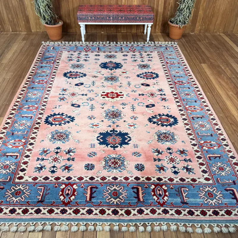 Turkish Vintage Rug, 7.4x9.8 ft Oushak Rug, Blue Oversize Plants & trees Rug - 1