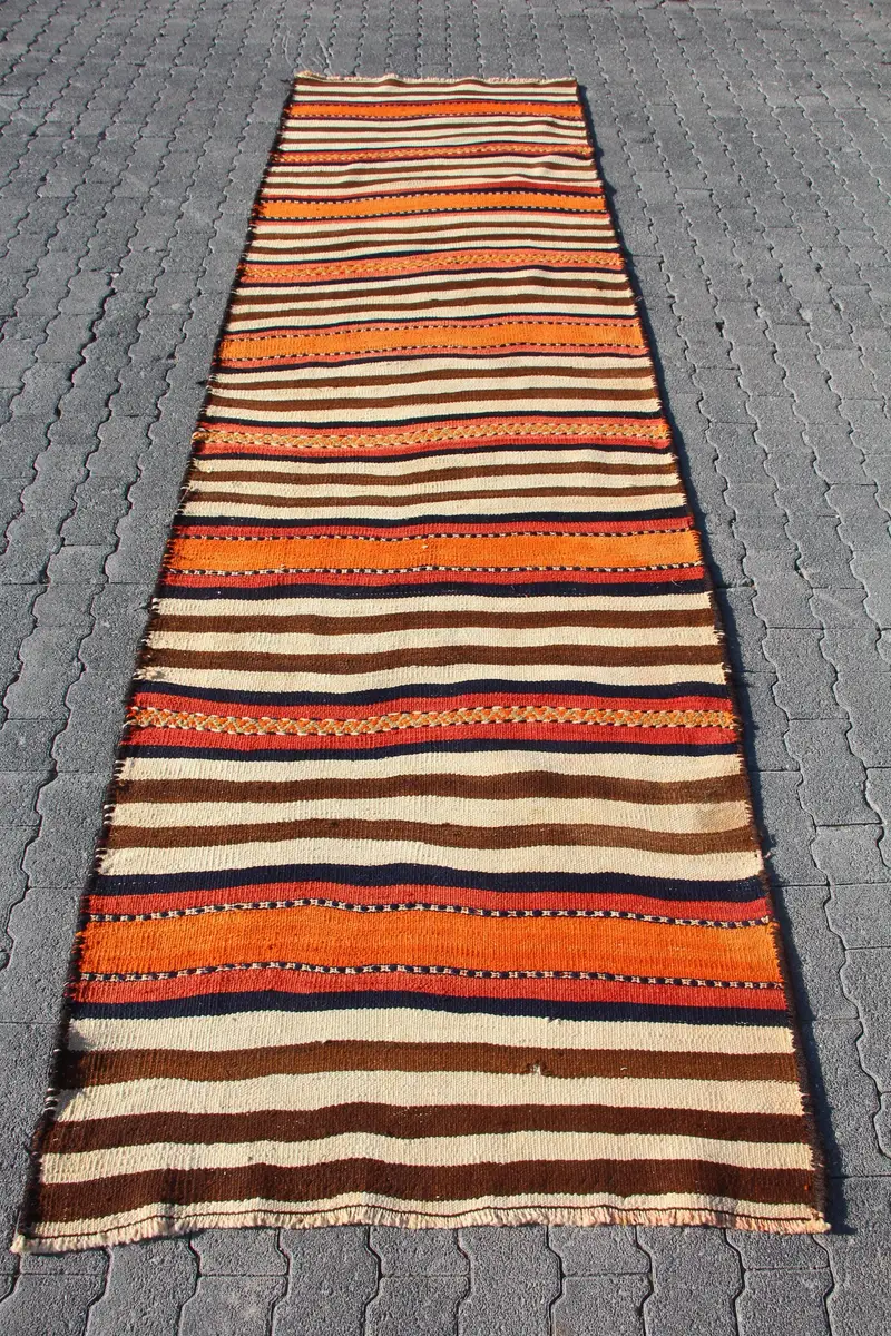 Vintage 3.3x11.7 ft Halı, Runner Türk Halısı, Kahverengi Turuncu Bitki ve Ağaç Halısı - 1