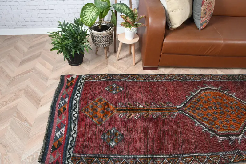 Türkischer Oushak-Teppich 93 x 289 cm, roter massiver Vintage-Teppich - 1