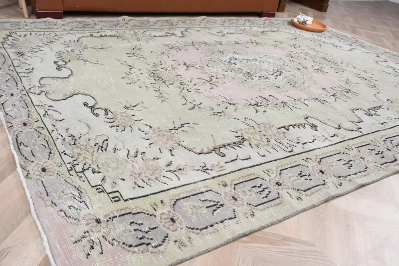Vintage Türk Oushak Halısı 6.3x8.9 ft, Beyaz Büyük Soyut Yün Halı - 1