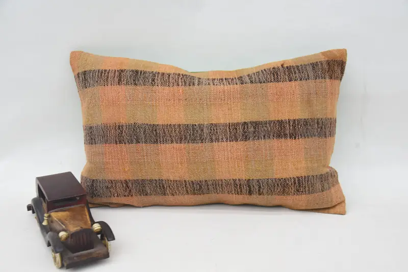 Striped Throw Cushion Cover, Antique 12x20 inch DesignerBrown Wool Pillowcase - 1