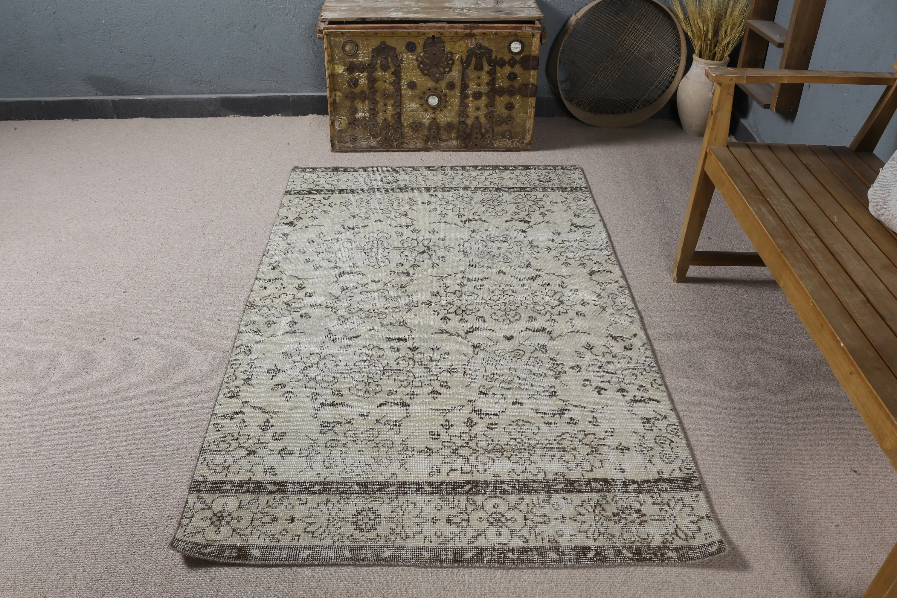 3.6x5.8 ft Accent Vintage Halı, Türk Halısı, Gri Kahverengi Kareli Yün Halı - 1