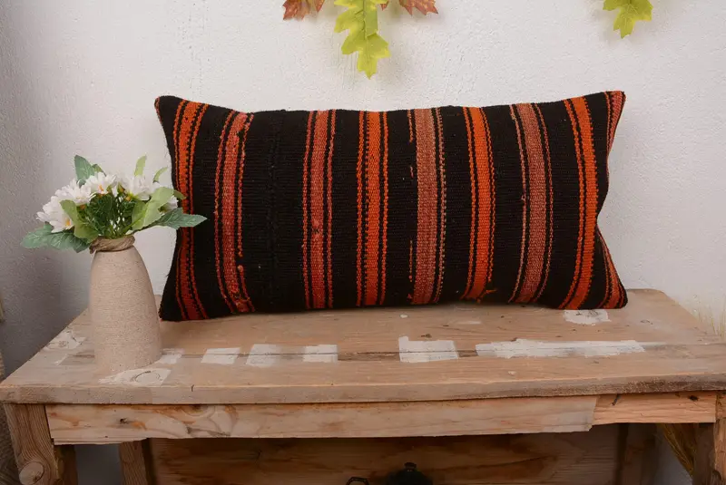 Brown & Orange Striped Throw Pillow, Handmade Embroidered Linen Pillow
