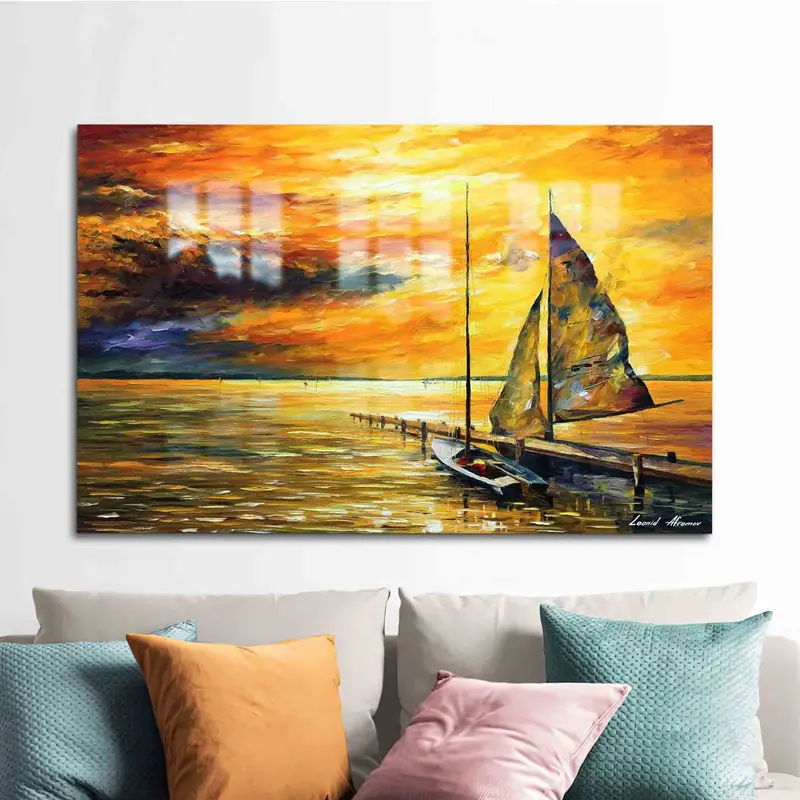 エレガントな夕日の海景プリント ガラス - モダンな抽象デザイン