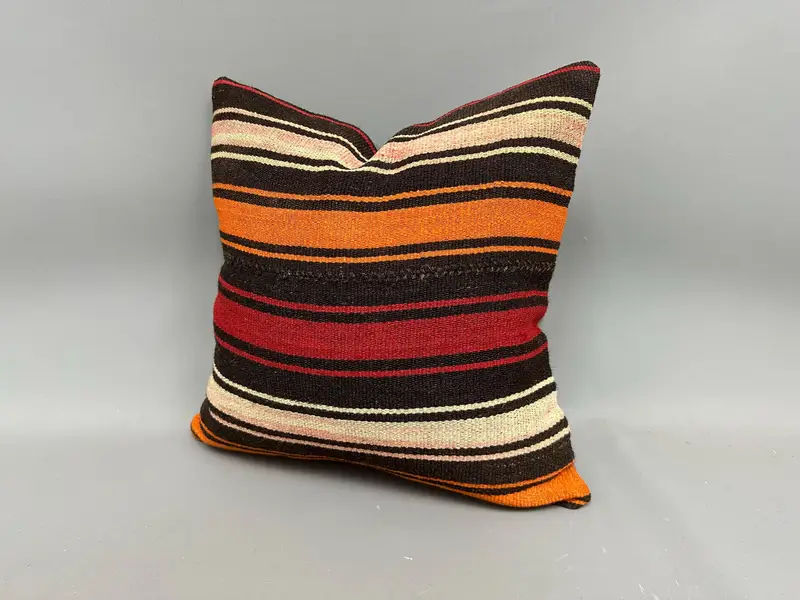 Cushion, Rustic Cushion Cover, Ethnical Kilim Rug Pillow, Handmade Kilim Cushion, Pillow for Couch, 20x20 Orange Pillow - 3