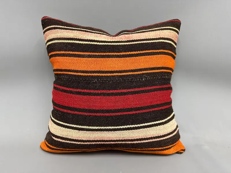 Cushion, Rustic Cushion Cover, Ethnical Kilim Rug Pillow, Handmade Kilim Cushion, Pillow for Couch, 20x20 Orange Pillow - 4