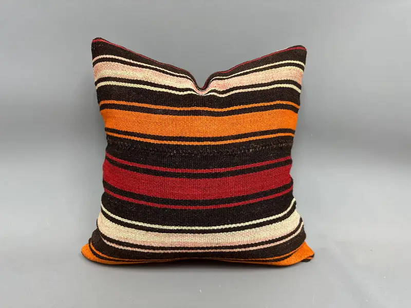 Cushion, Rustic Cushion Cover, Ethnical Kilim Rug Pillow, Handmade Kilim Cushion, Pillow for Couch, 20x20 Orange Pillow - 1