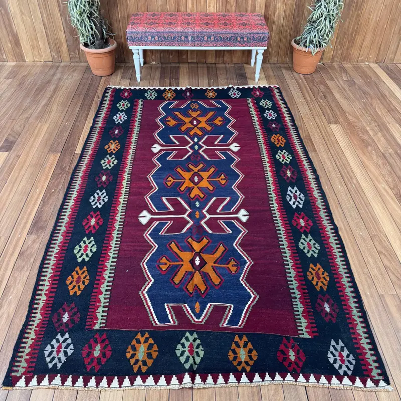 5.2x8.7 ft Vintage Rug, Oushak Rug, Red Floral Rug Wool - 1