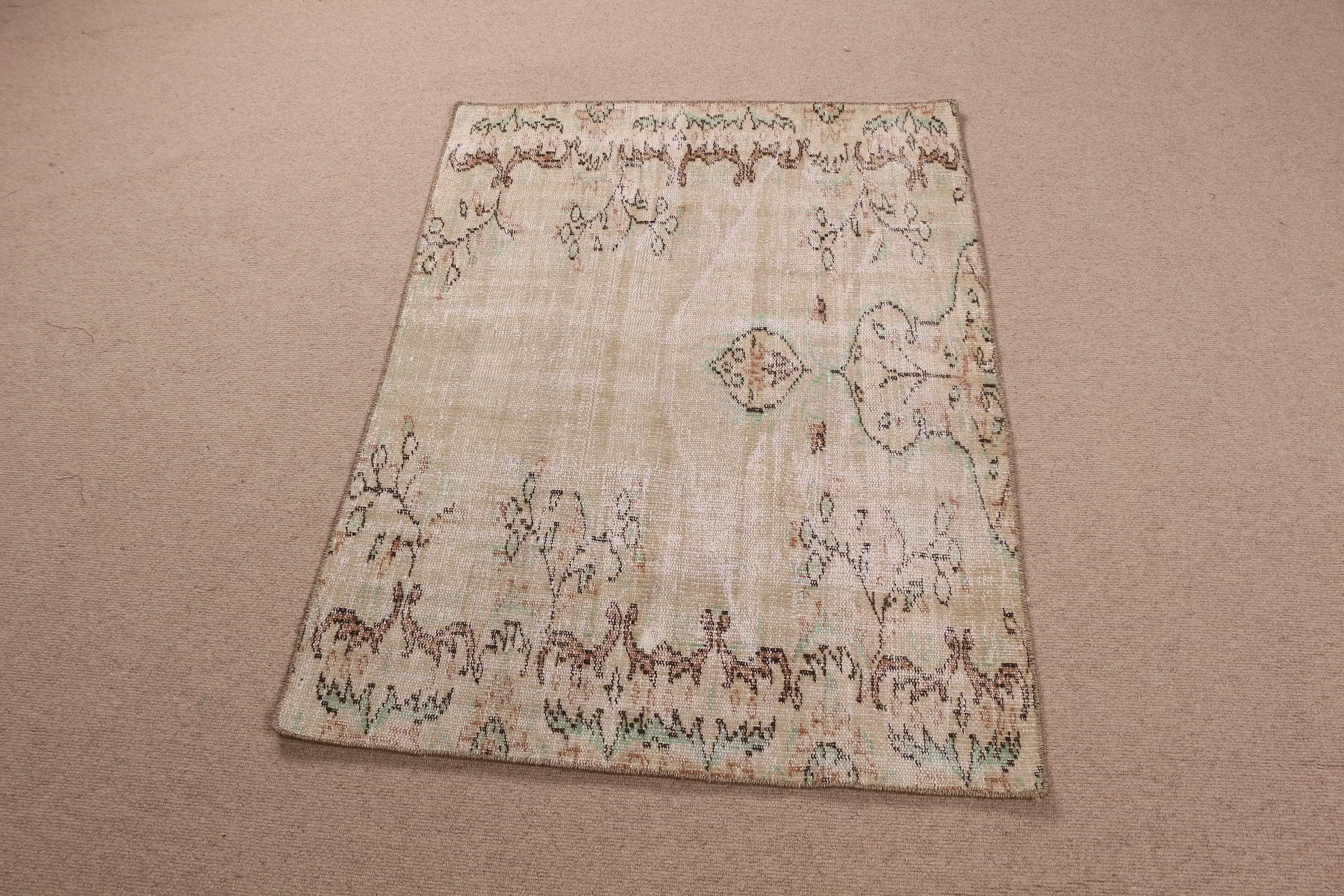 Vintage Turkish Rug, 3x4 ft Small Rug, Brown Green Camouflage Wool Rug - 1
