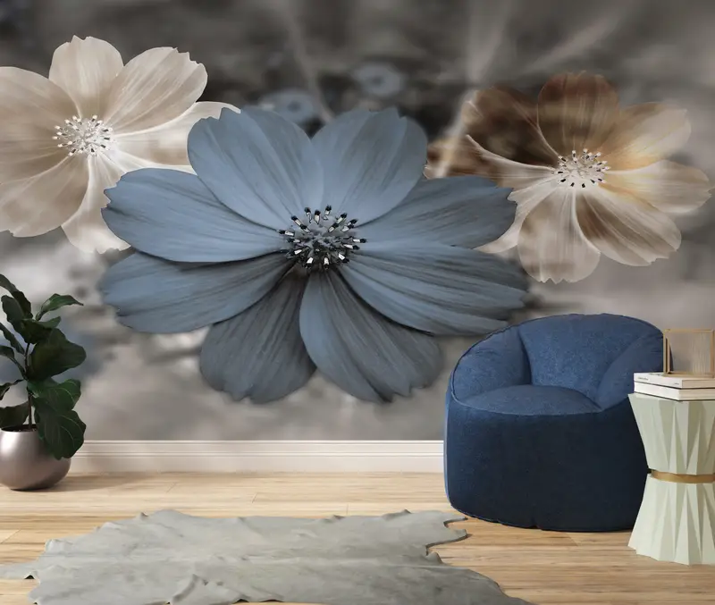 Luxuriöse Tapete mit blauem Blumendruck: Modernes, trendiges, elegantes Dekor