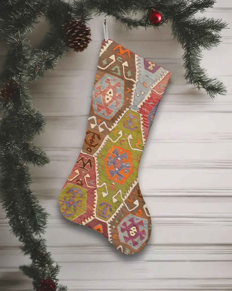 Şenlikli Yeşil ve Turuncu Noel Çorabı, 12 İnç Pamuklu Süs Çorabı