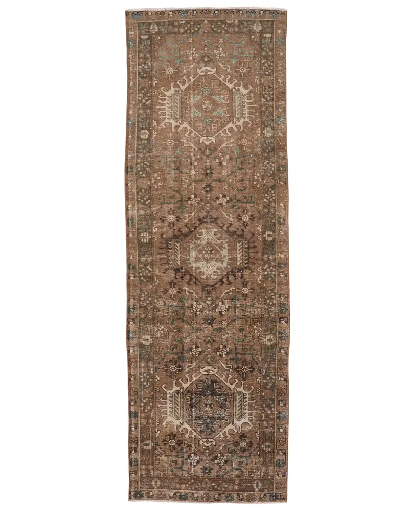 Kahverengi ve Yeşil Halı, 3,4x10,4 ft Çizgili Geometrik Tasarım