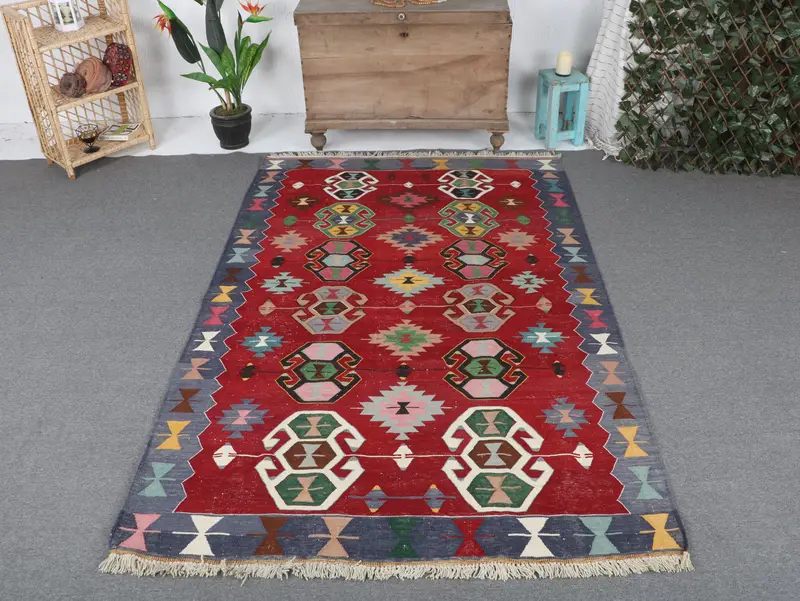 Red, Green Southwestern Rug, 5,1x7,6 ft Chic Southwestern Decor