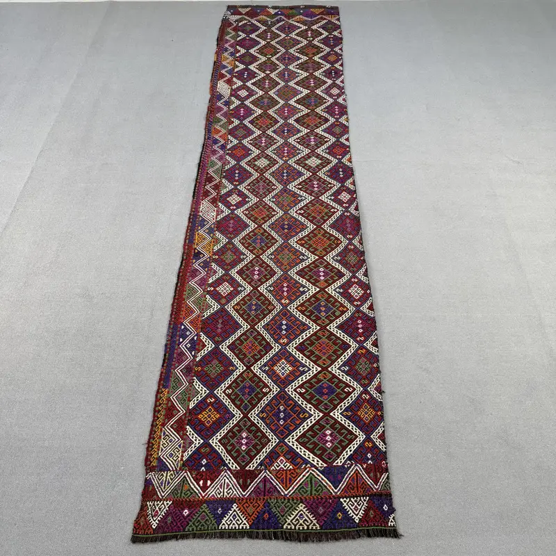 Turkish Vintage Runner Rug 2.8x12.4 ft, Kilim Red Wool Rug - 1